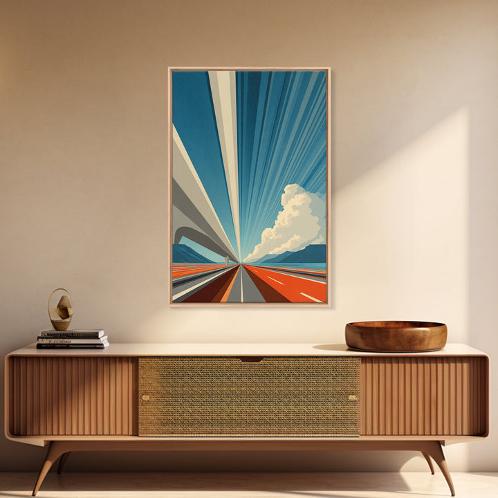 Orange Coastal Highway Perspective Canvas Print, Retro Modern Poster, Architectural Art, Blue Wall Art, Travel Office Decor