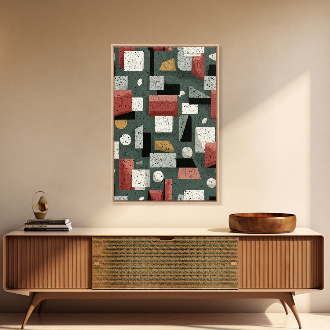 Sage Red Black Geometric Blocks Canvas Print, Midcentury Modern Abstract Art, Bauhaus Retro Office And Living Room Decor