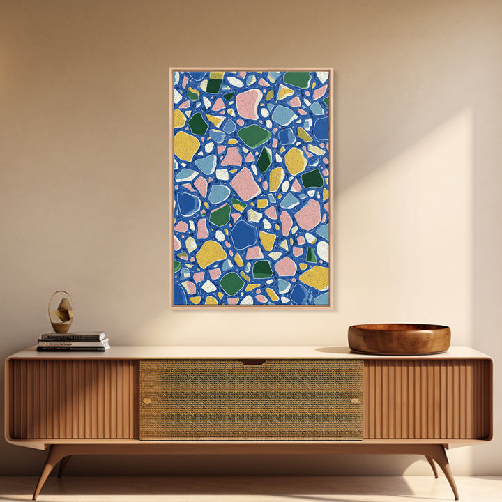 Blue Pebble Terrazzo Mosaic Pattern Canvas Print, Midcentury Modern Wall Art, Colorful Abstract Geometric Home Decor Poster Gift