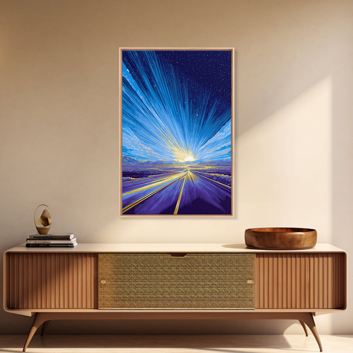 Radiant Starry Sunrise Road Wall Art, Modern Digital Art, Retro Sci Fi Poster, Blue Landscape Print, Large Living Room Decor