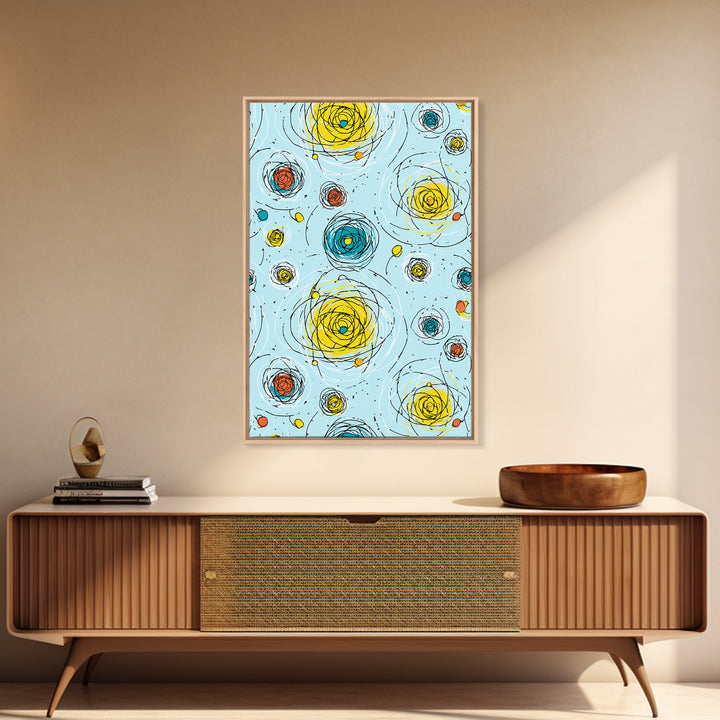Scribble Spiral Circles On Sky Blue Wall Art, Midcentury Modern Abstract Print, Playful Colorful Geometric Office Home Decor