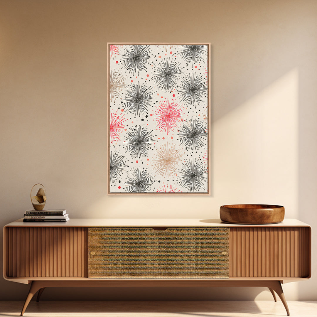 Pink Gray Atomic Starburst Pattern Canvas Print, Midcentury Modern Art, Retro Wall Art, Minimalist Nursery Decor, MCM Gift