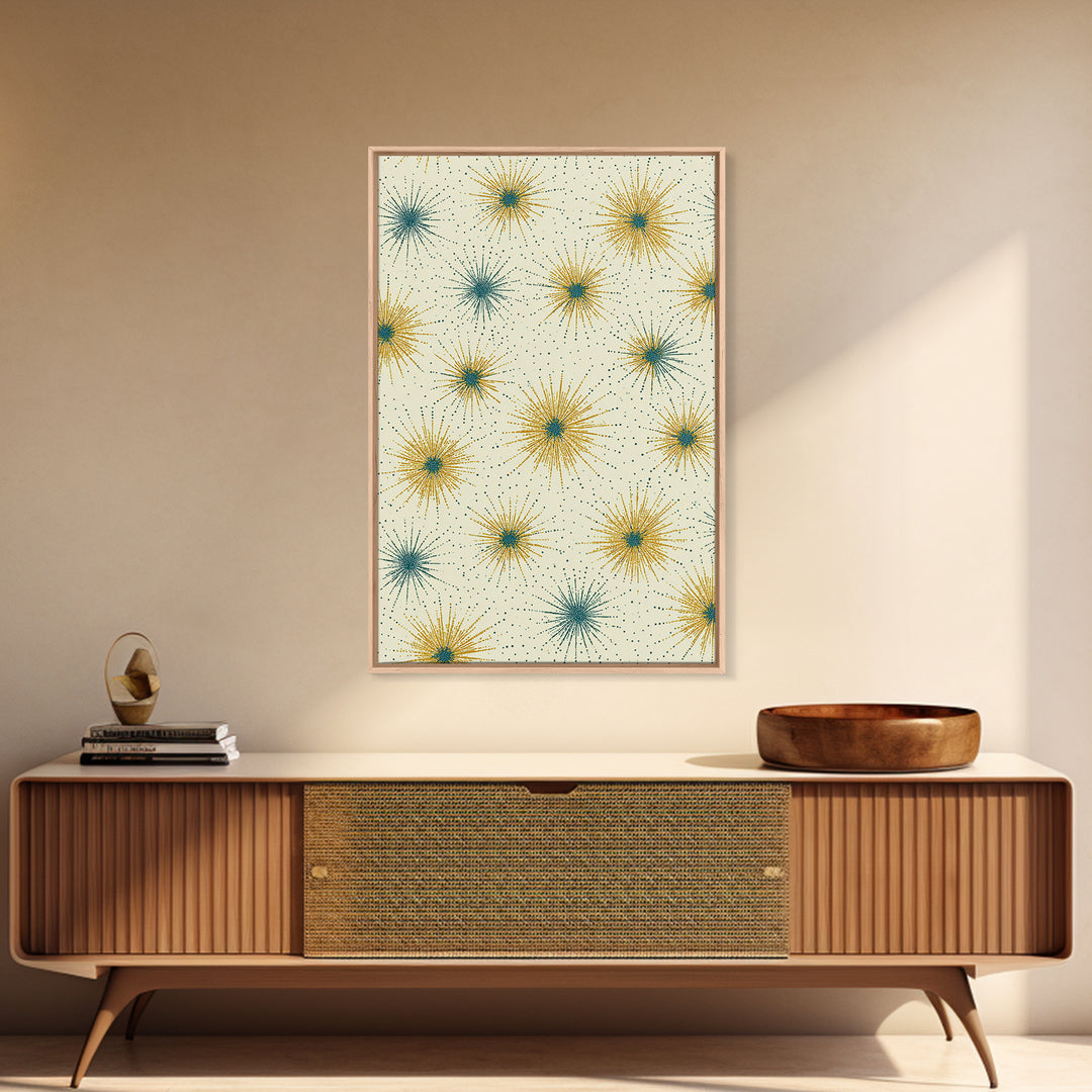Mustard Teal Atomic Starburst Canvas Print, Midcentury Modern Art, Retro Geometric Wall Art, Scandinavian MCM Decor Gift