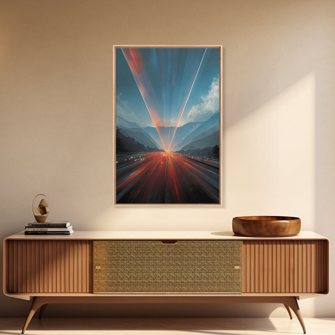 Sunrise Mountain Freeway Light Trails Wall Art, Modern Abstract Art, Scenic Travel Poster, Blue Orange Office Decor Print