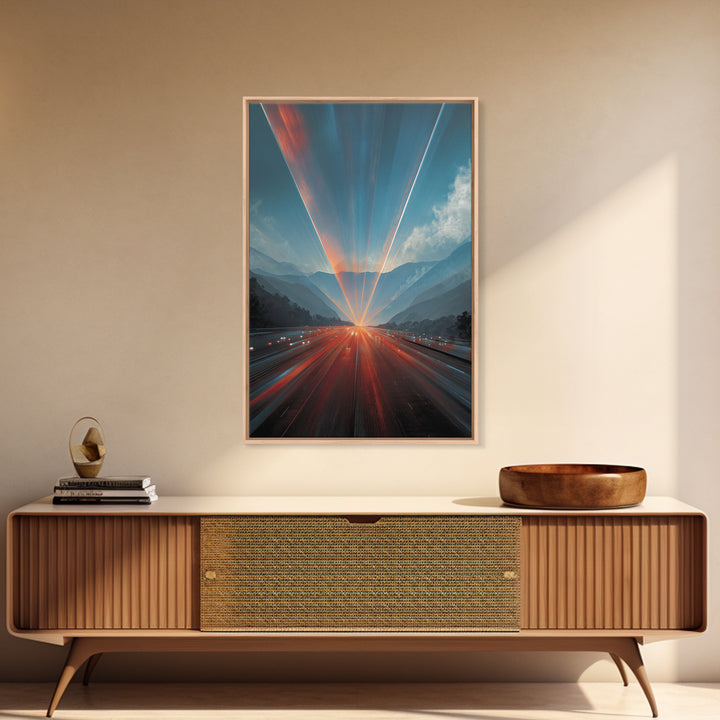 Sunrise Mountain Freeway Light Trails Wall Art, Modern Abstract Art, Scenic Travel Poster, Blue Orange Office Decor Print