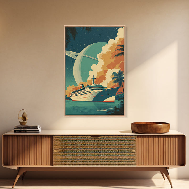 Tropical Cruise Ship Under Saturn Sky Framed Canvas Print, Mid Century Modern Art, Retro Travel Poster, Palm Tree Decor Print