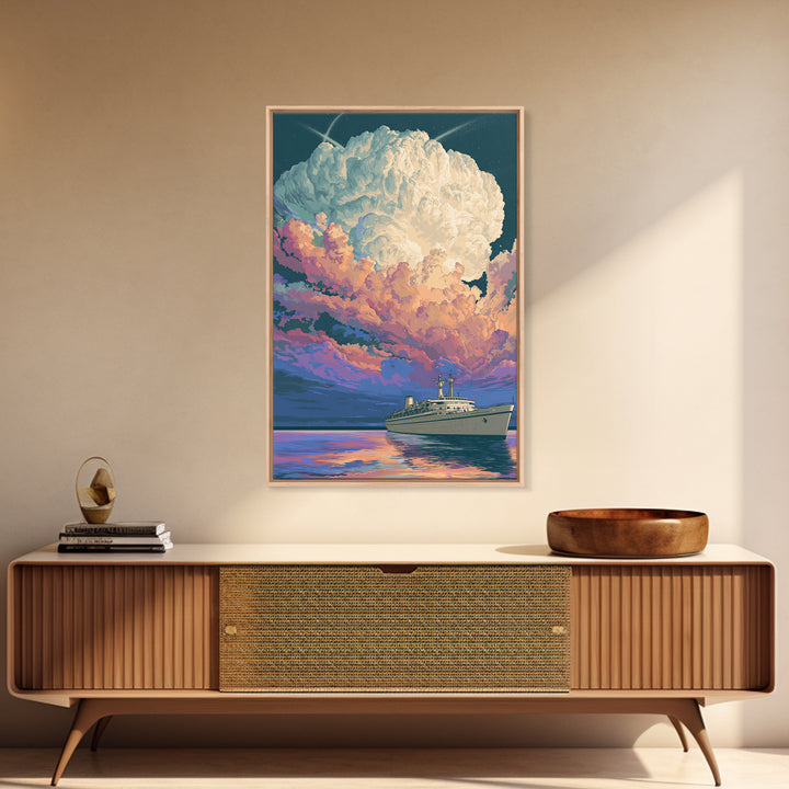 Ocean Liner Under Pastel Cloudscape Wall Art, Modern Art Print, Scenic Sunset Poster, Coastal Home Decor, Living Room Art