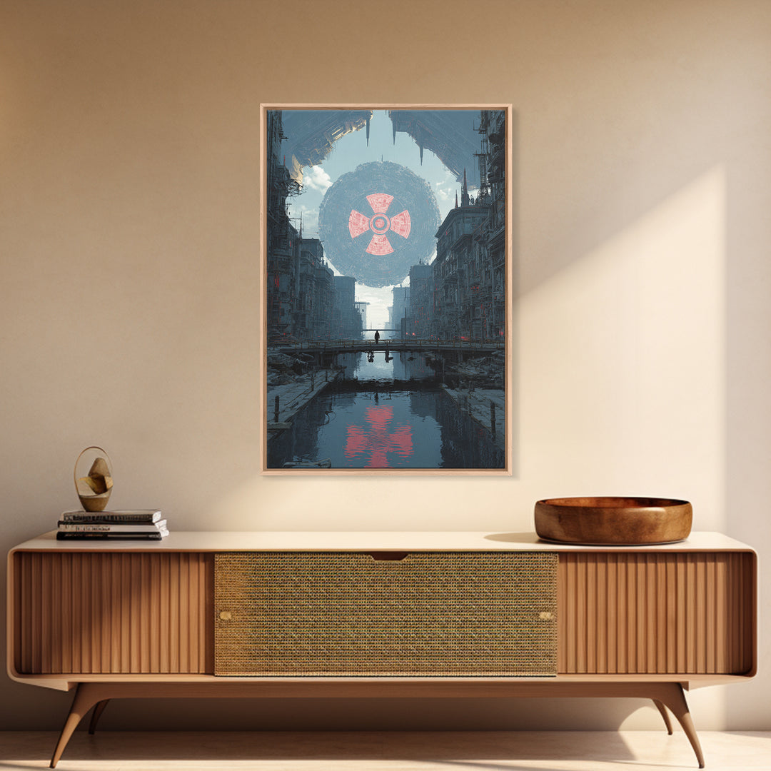 Dystopian Canal City With Giant Orb Wall Art, Modern Sci Fi Poster, Futuristic Cityscape Print, Industrial Home Decor Art