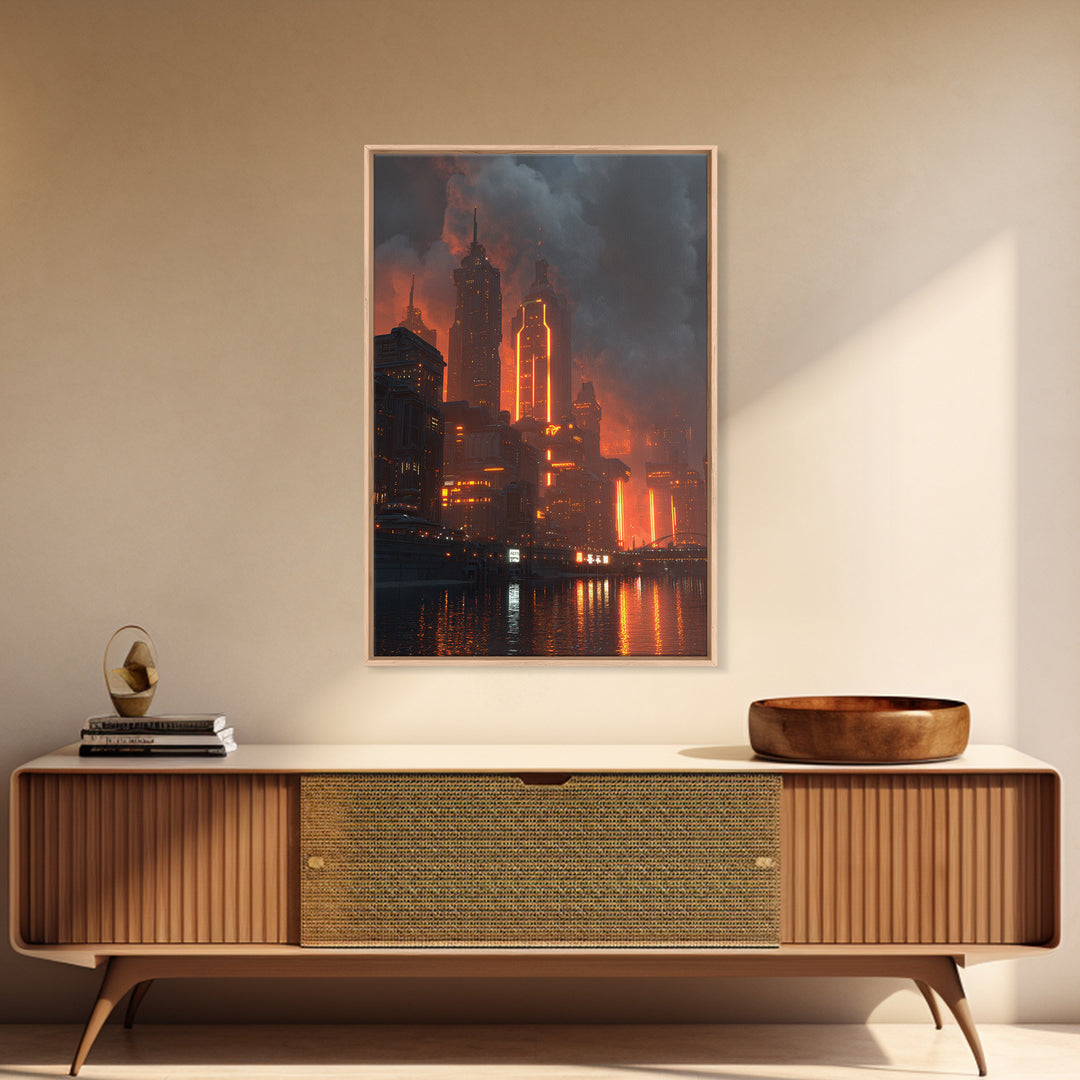 Burning Neon Futuristic Skyline Framed Canvas Print, Modern Wall Art, Dark Sci Fi City Poster, Orange Black Industrial Decor