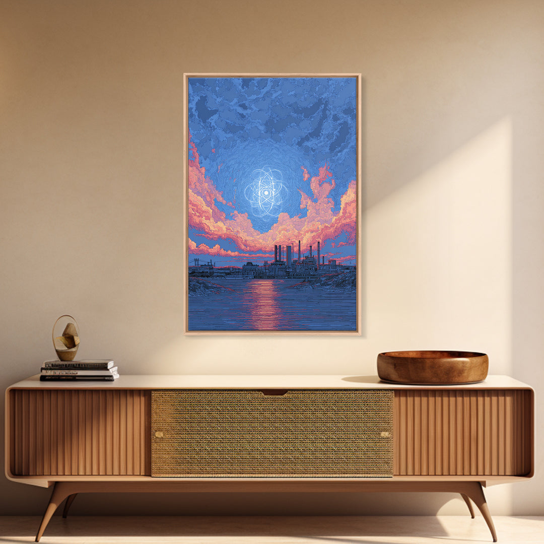 Industrial Waterfront With Atomic Pink Clouds Canvas Print, Mid Century Modern Wall Art, Retro Sci Fi Poster, Blue Wall Decor