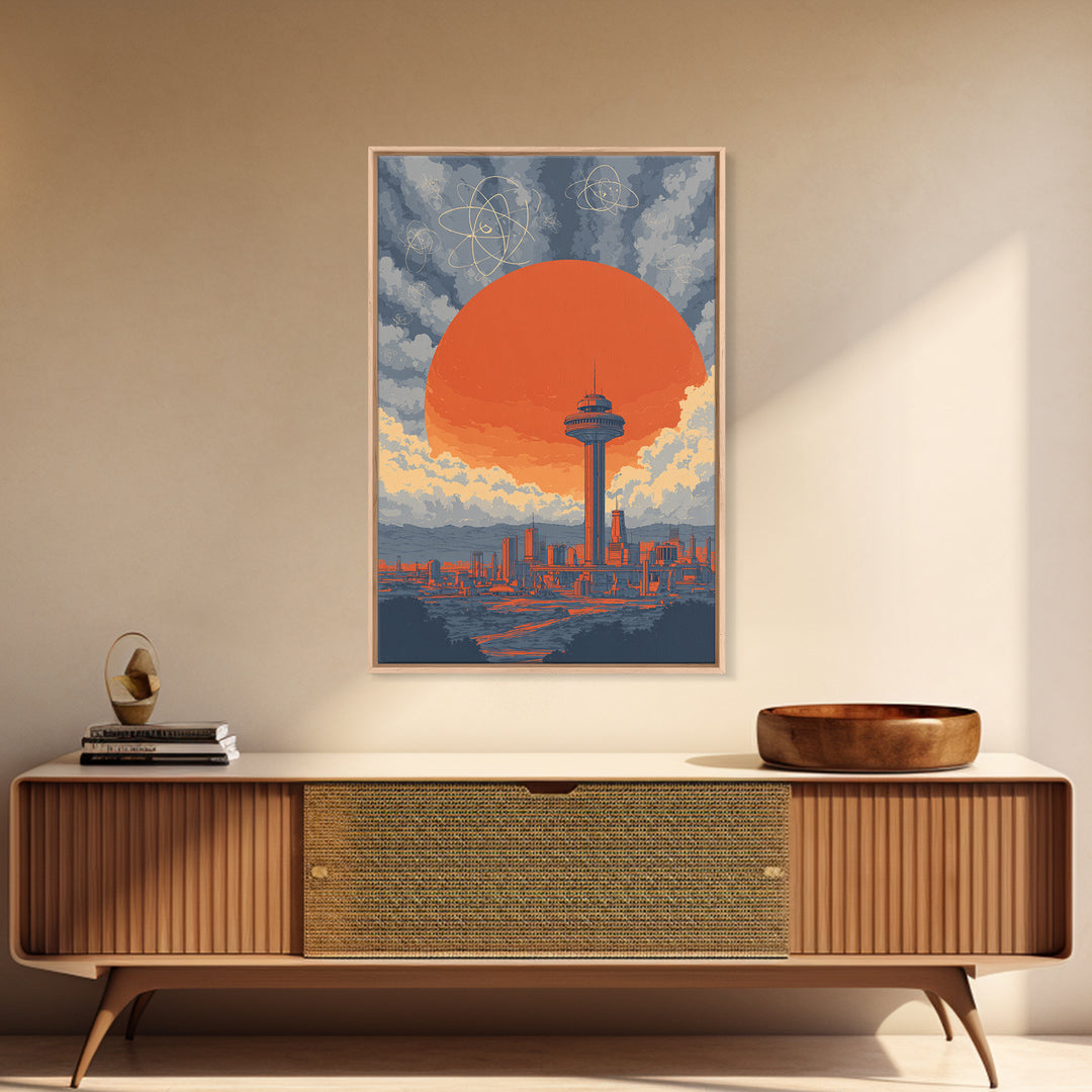 Space Needle Skyline With Orange Sun Wall Art, Mid Century Modern Print, Atomic Retro Poster, Seattle Inspired City Decor