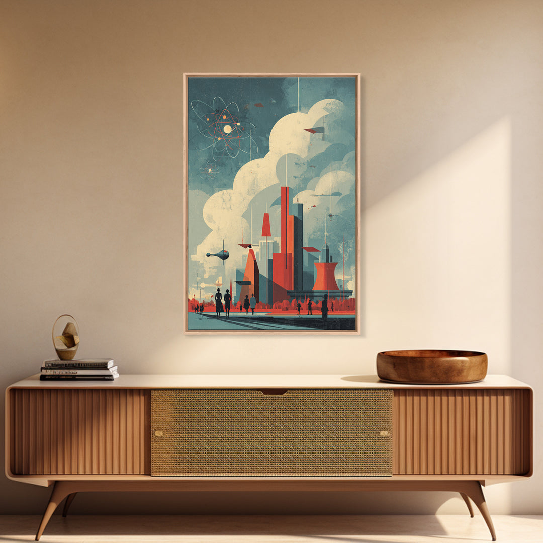 Retro Futuristic City With Red Towers Canvas Print, Mid Century Modern Wall Art, Atomic Sci Fi Poster, Geometric Home Decor