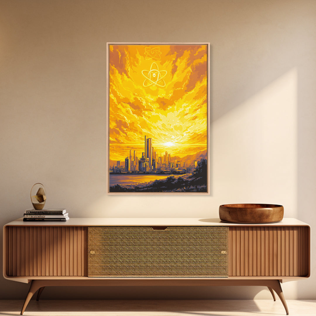 Golden Atomic Skyline At Sunset Framed Canvas Print, Mid Century Modern Wall Art, Yellow Poster, Retro Futuristic City Decor