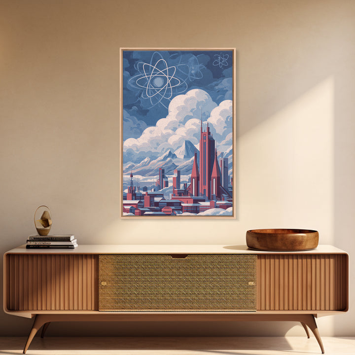 Atomic Futuristic City Under Clouds Wall Art, Retro Sci Fi Skyline, Midcentury Modern Art, Space Age Decor, MCM Poster Prints