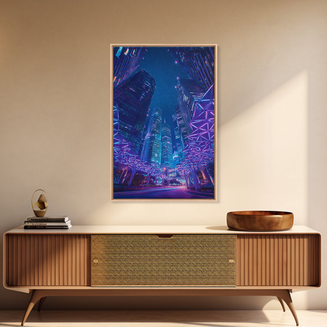 Neon Cyberpunk Skyscraper City Canvas Print, Modern Wall Art, Blue Purple Urban Night Poster Print, Contemporary Office Decor