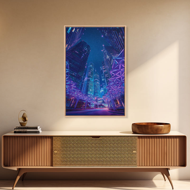 Neon Cyberpunk Skyscraper City Canvas Print, Modern Wall Art, Blue Purple Urban Night Poster Print, Contemporary Office Decor