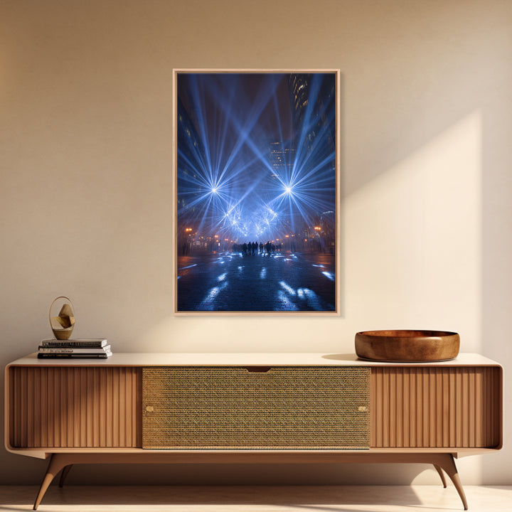 Rainy Night City Light Beams Wall Art, Modern Urban Photography Print, Blue Black Office Decor, Dramatic Skyline Poster Print