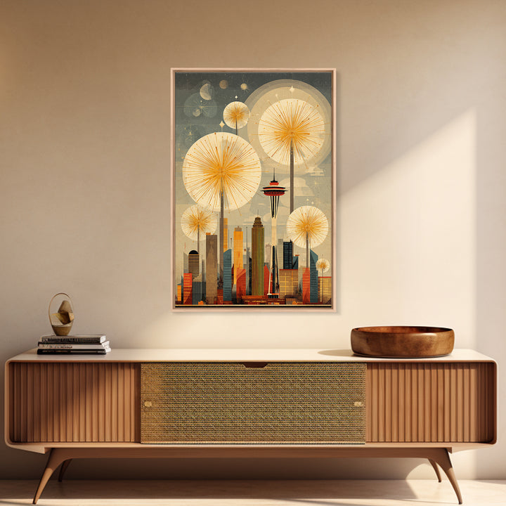 Seattle Space Needle Sunbursts Wall Art, Midcentury Modern Art, Retro City Skyline Poster, Atomic MCM Home Decor Print Gift