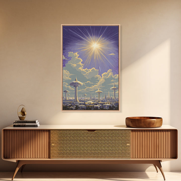 Futuristic Utopia City With Radiant Sun Canvas Print, Retro Sci Fi Wall Art, Space Age Skyline, Modern Home Decor Office Poster Print