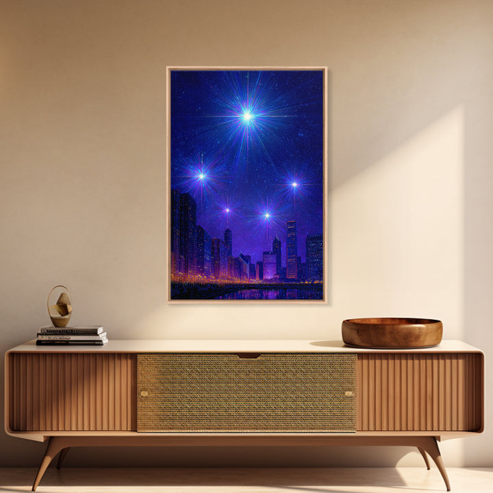 Blue Purple Starburst Night Skyline Wall Art, Modern Abstract Art, City Lights Poster, Space Digital Art, Home Office Decor