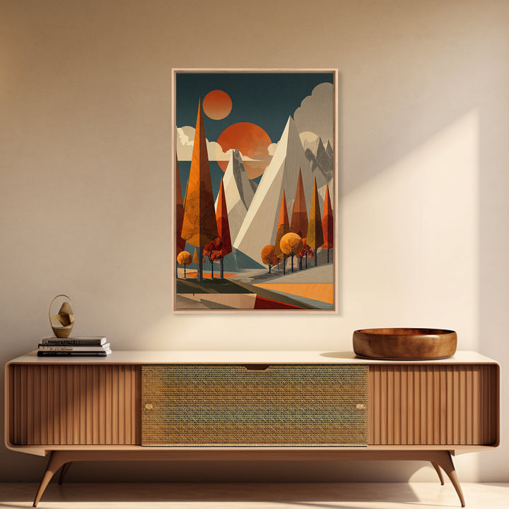 Orange Suns Alpine Peaks Wall Art, Midcentury Modern Mountain Print, Retro Geometric Landscape, MCM Cabin Decor For Living Room