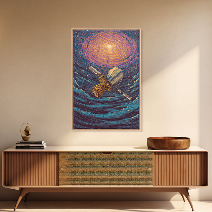Golden Satellite In Starry Vortex Framed Canvas Print, Space Abstract Wall Art, Modern Sci Fi Poster, Cosmic Retro Decor