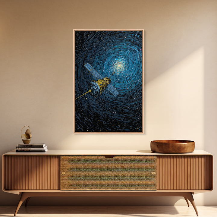 Blue Satellite Drifting Through Star Vortex Canvas Print, Modern Space Wall Art, Sci Fi Poster, Astronomy Office Decor Gift