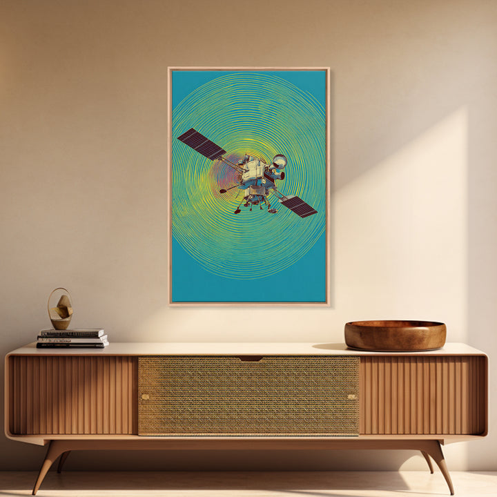 Lunar Probe With Neon Signal Waves Wall Art, Midcentury Modern Space Poster, Colorful Sci Fi Print, Retro Office Decor Gift