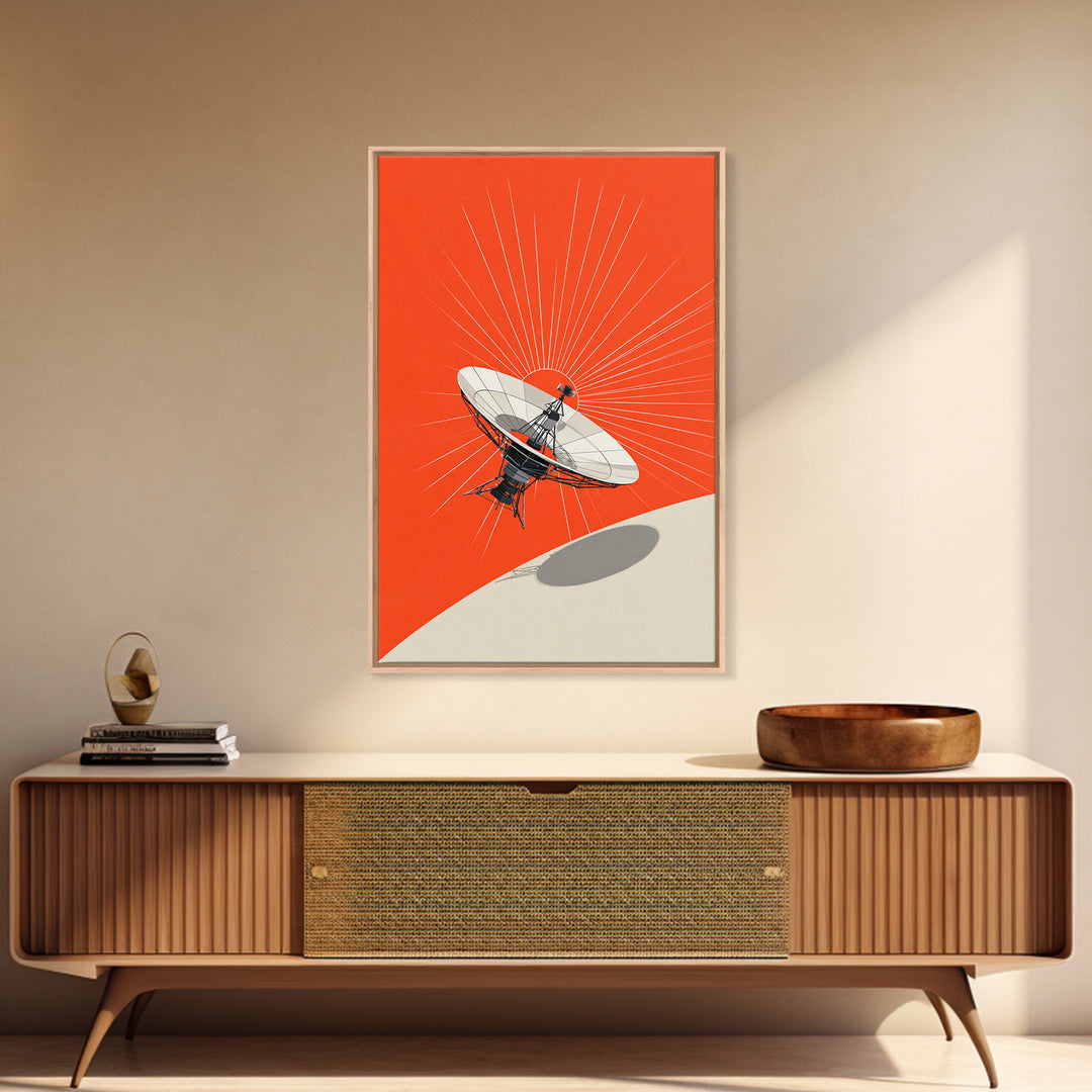 Satellite Dish Over Orange Planet Framed Canvas Print, Retro Space Wall Art, Modern Sci Fi Poster, Bold Office Decor Gift