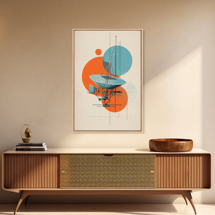 Abstract Radio Telescope With Orange Teal Circles Wall Art, Bauhaus Midcentury Modern Poster, Geometric Office Decor Print