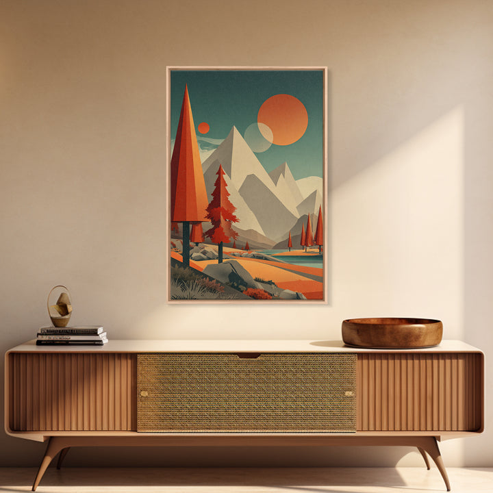 Pyramid Peaks And Orange Suns Framed Canvas Print, Midcentury Modern Alpine Landscape, Retro Mountain Lake Wall Decor For Cabin Living Room