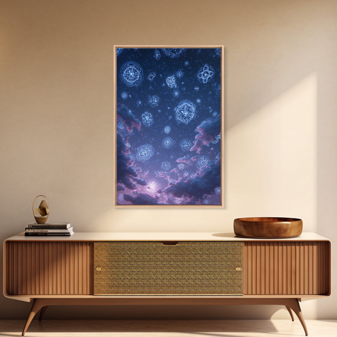 Glowing Celestial Glyphs In Starry Clouds Wall Art, Mystical Space Abstract Poster, Modern Wall Decor, Blue Cosmic Art Print