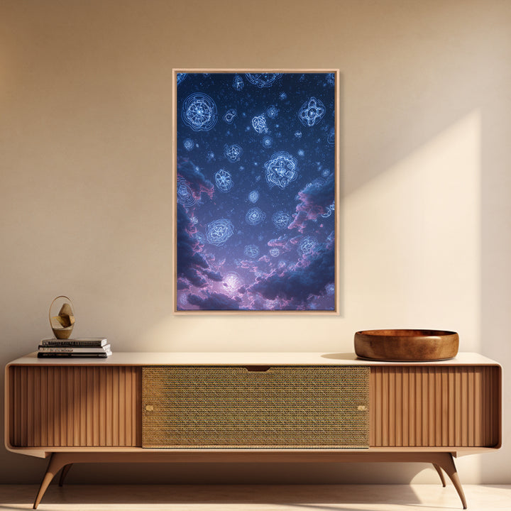 Glowing Celestial Glyphs In Starry Clouds Wall Art, Mystical Space Abstract Poster, Modern Wall Decor, Blue Cosmic Art Print