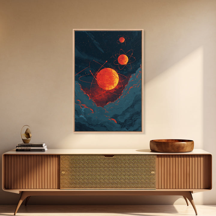 Fiery Red Atomic Planets In Dark Clouds Wall Art, Retro Sci Fi Poster, Modern Abstract Art, Orange Black Space Decor, Mcm Wall Art