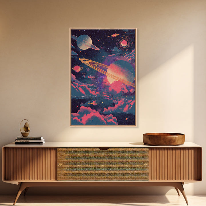 Neon Saturn Planets Above Pink Clouds Framed Canvas Print, Retro Space Poster, Modern Wall Art, Cosmic Home Decor, 70s Art Print