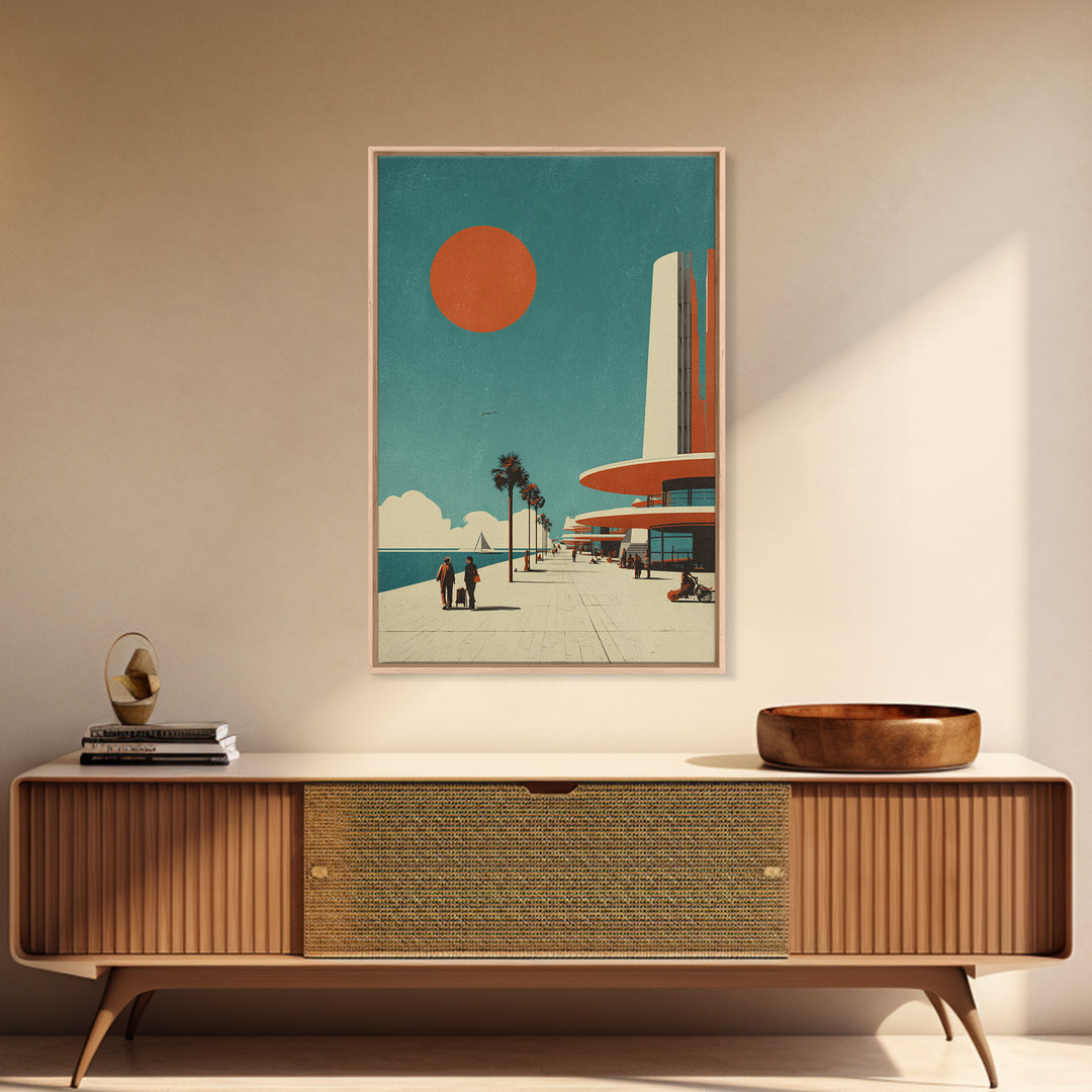 Midcentury Seaside Promenade With Orange Sun Framed Canvas Print, Palm Springs Art, Retro Travel Poster, Modern Wall Decor
