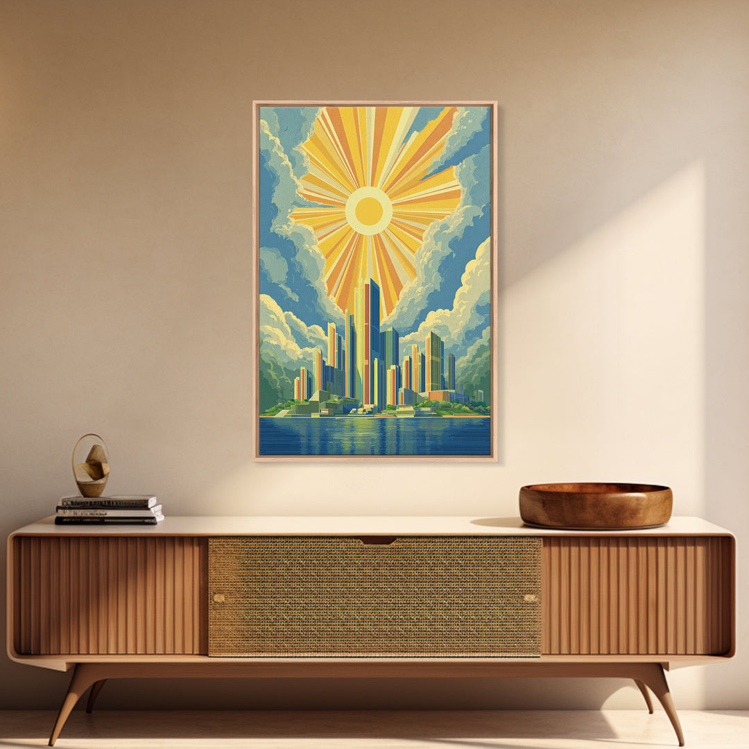 Radiant Futuristic City Sunrise Wall Art, Midcentury Modern Art Print, Retro Skyline Poster, MCM Wall Decor, Living Room Decor