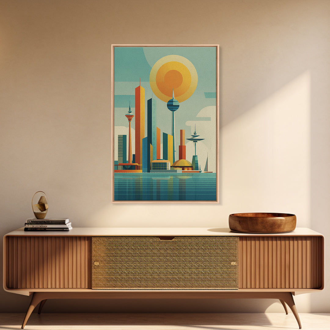 Retro Futuristic Skyline With Orb Sun Canvas Print, Midcentury Modern Wall Art, Atomic City Poster, MCM Decor, Office Wall Decor