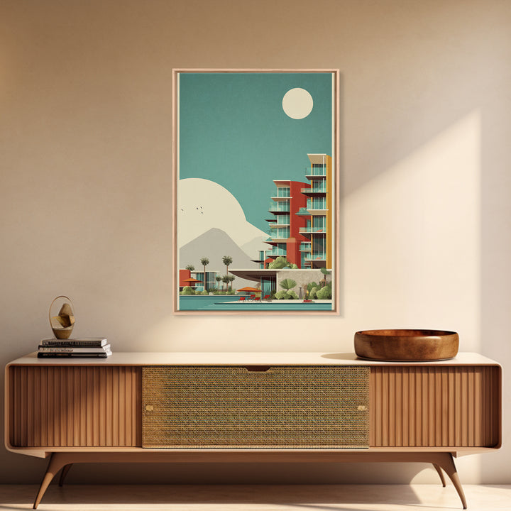 Desert Modern Resort With Moon Framed Canvas Print, Midcentury Modern Wall Art, Palm Springs Poster, Southwestern Home Decor