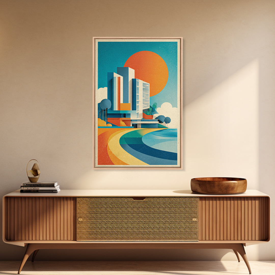 Geometric Modern Building Sunrise Canvas Print, Midcentury Modern Wall Art, Color Block Poster, Bright Abstract Home Decor