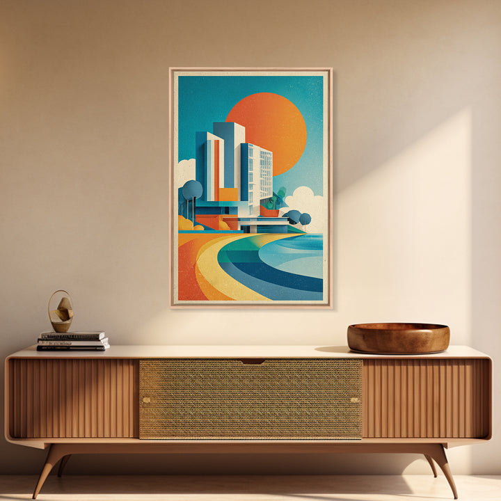 Geometric Modern Building Sunrise Canvas Print, Midcentury Modern Wall Art, Color Block Poster, Bright Abstract Home Decor