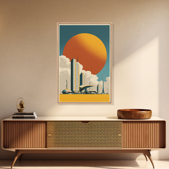 Futuristic City Under Orange Sun Framed Canvas Print, Midcentury Modern Wall Art, Retro Sci Fi Poster, Living Room Decor