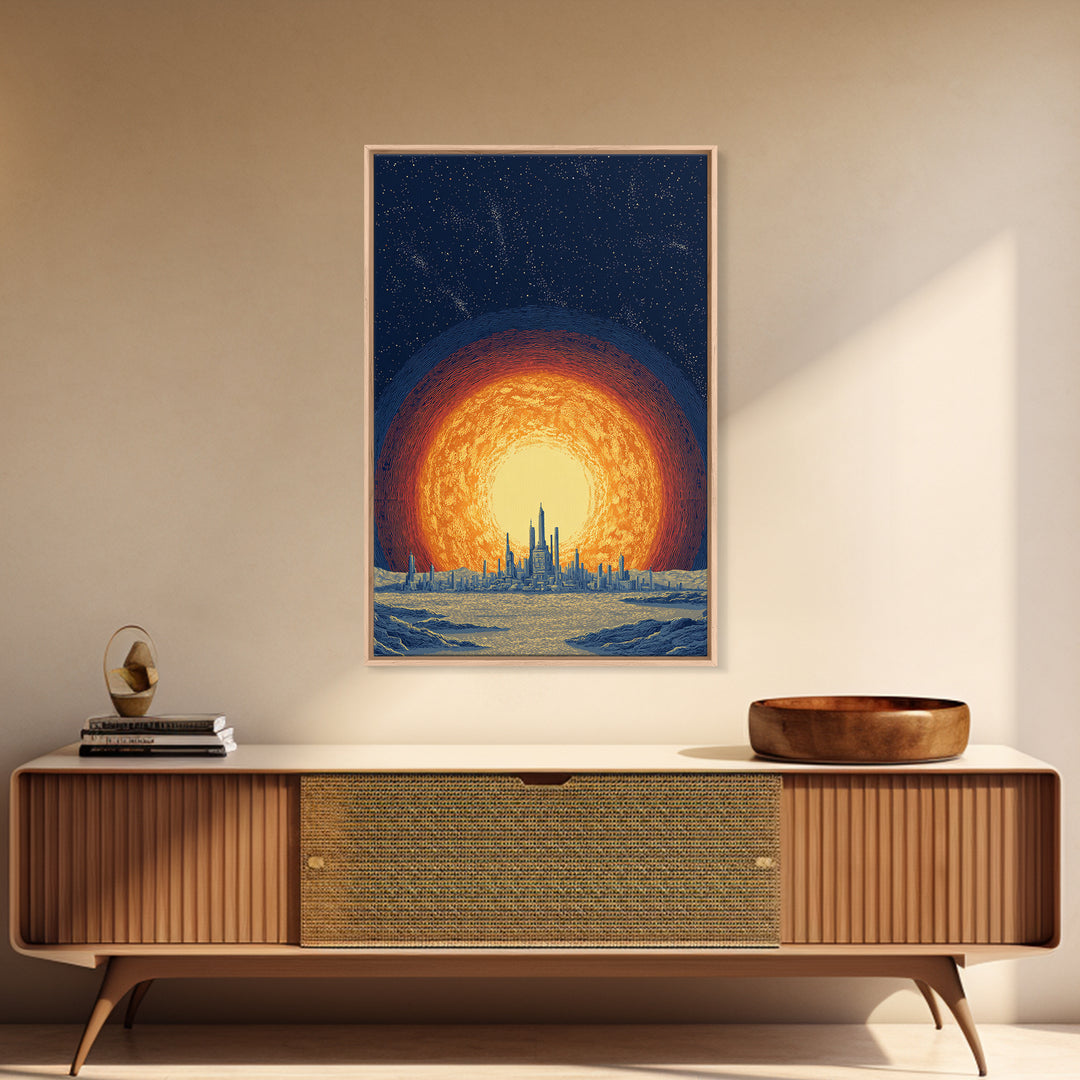 Blazing Solar City At Night Wall Art, Futuristic Midcentury Modern Art Print, Cosmic Retro Poster, Sci Fi Wall Decor, Office Decor