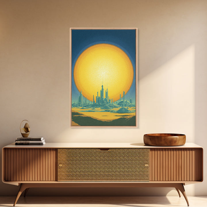 Golden Sun Futuristic Desert Skyline Canvas Print, Midcentury Modern Wall Art, Retro Sci Fi Poster, Modern Living Room Decor