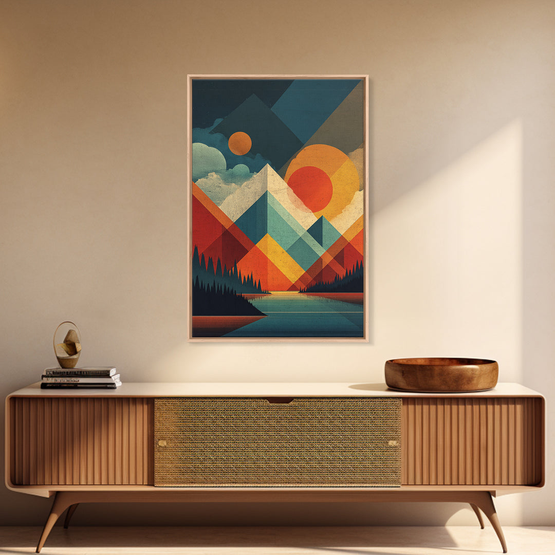 Geometric Mountain Lake Wall Art, Midcentury Modern Abstract Landscape Print, Orange Sun MCM Poster For Living Room Home Decor