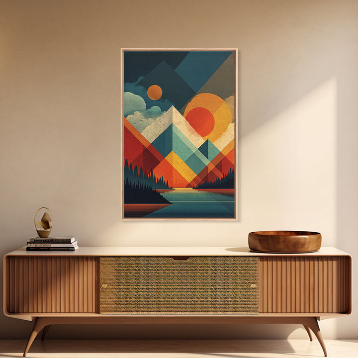 Geometric Mountain Lake Wall Art, Midcentury Modern Abstract Landscape Print, Orange Sun MCM Poster For Living Room Home Decor