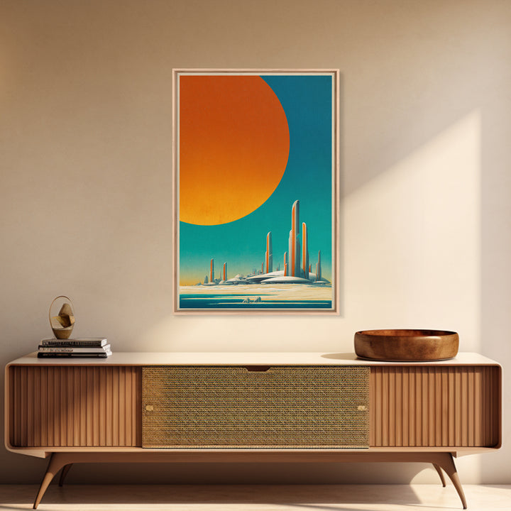 Minimalist Future Towers With Giant Sun Wall Art, Midcentury Modern Art Print, Retro Sci Fi Poster, Abstract Desert Decor