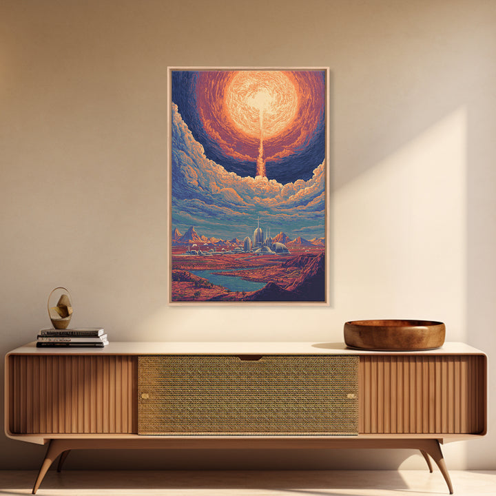 Radiant Solar City And Desert Canyon Wall Art, Retro Sci Fi Landscape Poster, Midcentury Modern Decor, Futuristic Art Print