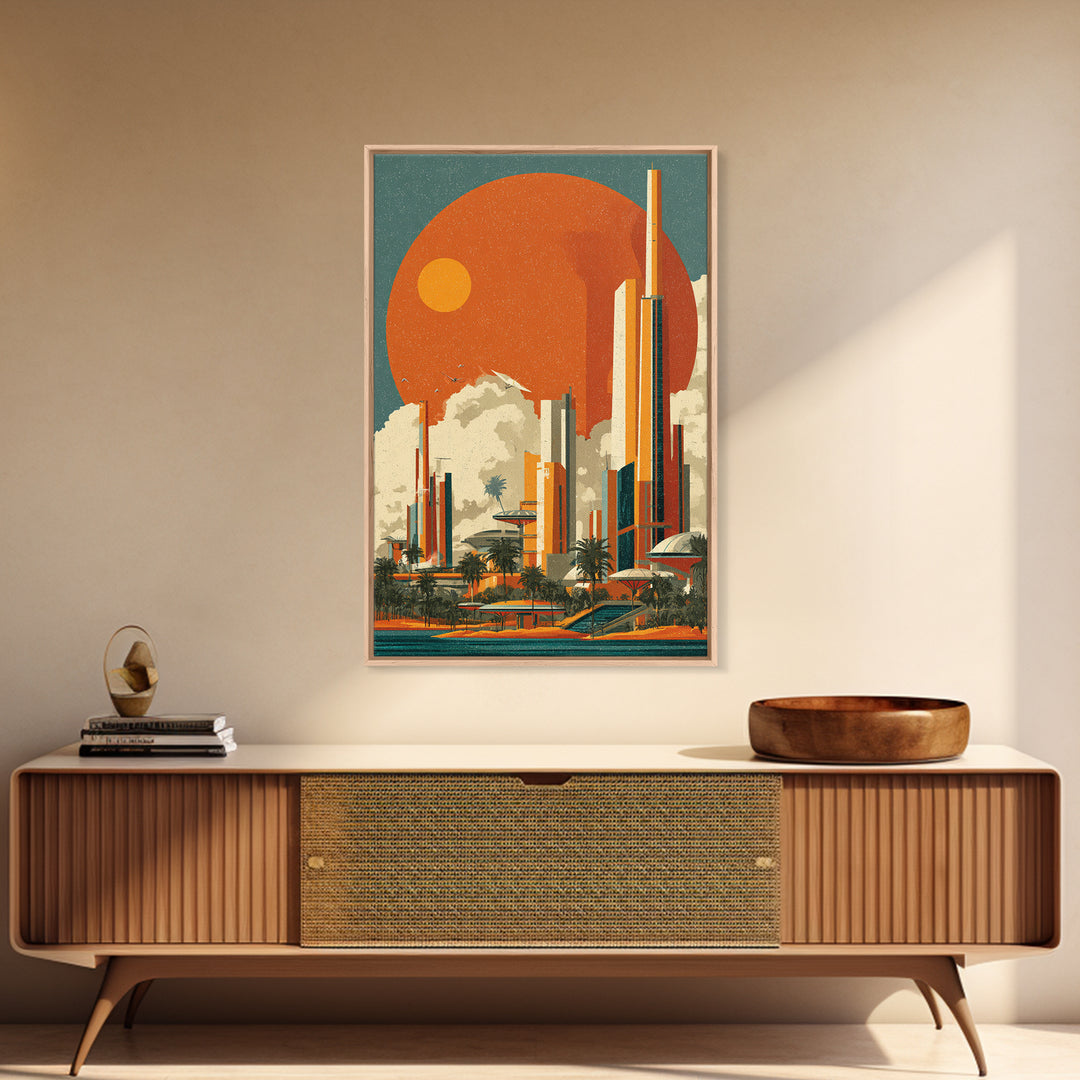 Orange Sun Futuristic Palm City Canvas Print, Retro Travel Poster, Midcentury Modern Wall Decor, Palm Springs Style Art Print