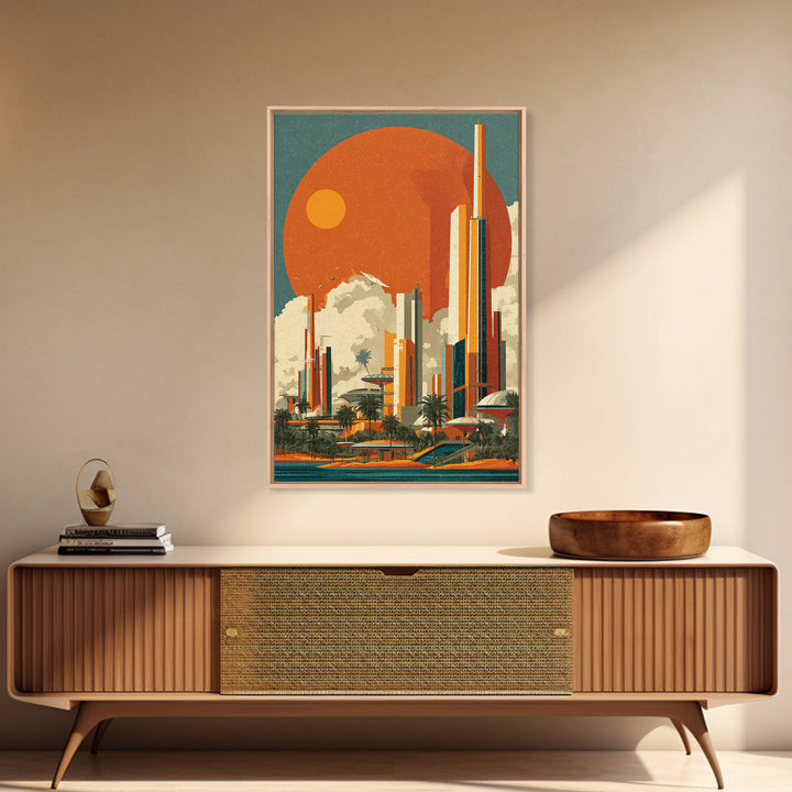 Orange Sun Futuristic Palm City Canvas Print, Retro Travel Poster, Midcentury Modern Wall Decor, Palm Springs Style Art Print